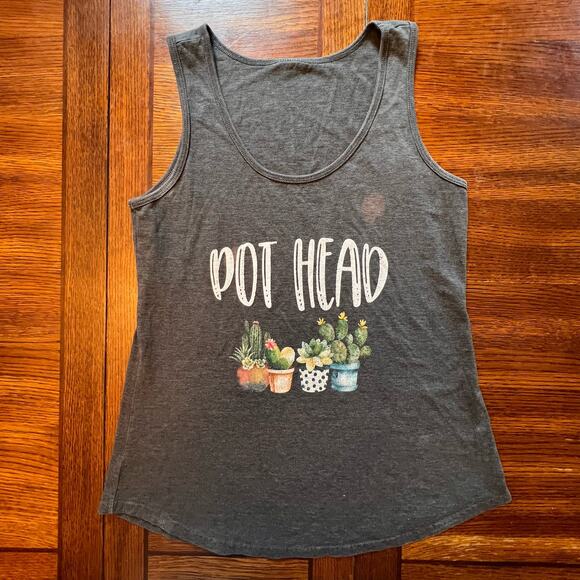 Funny Pot Head Plant Gardening Graphic Gray Sleeveless Scoop Neck Tank Top Small - Picture 3 of 5